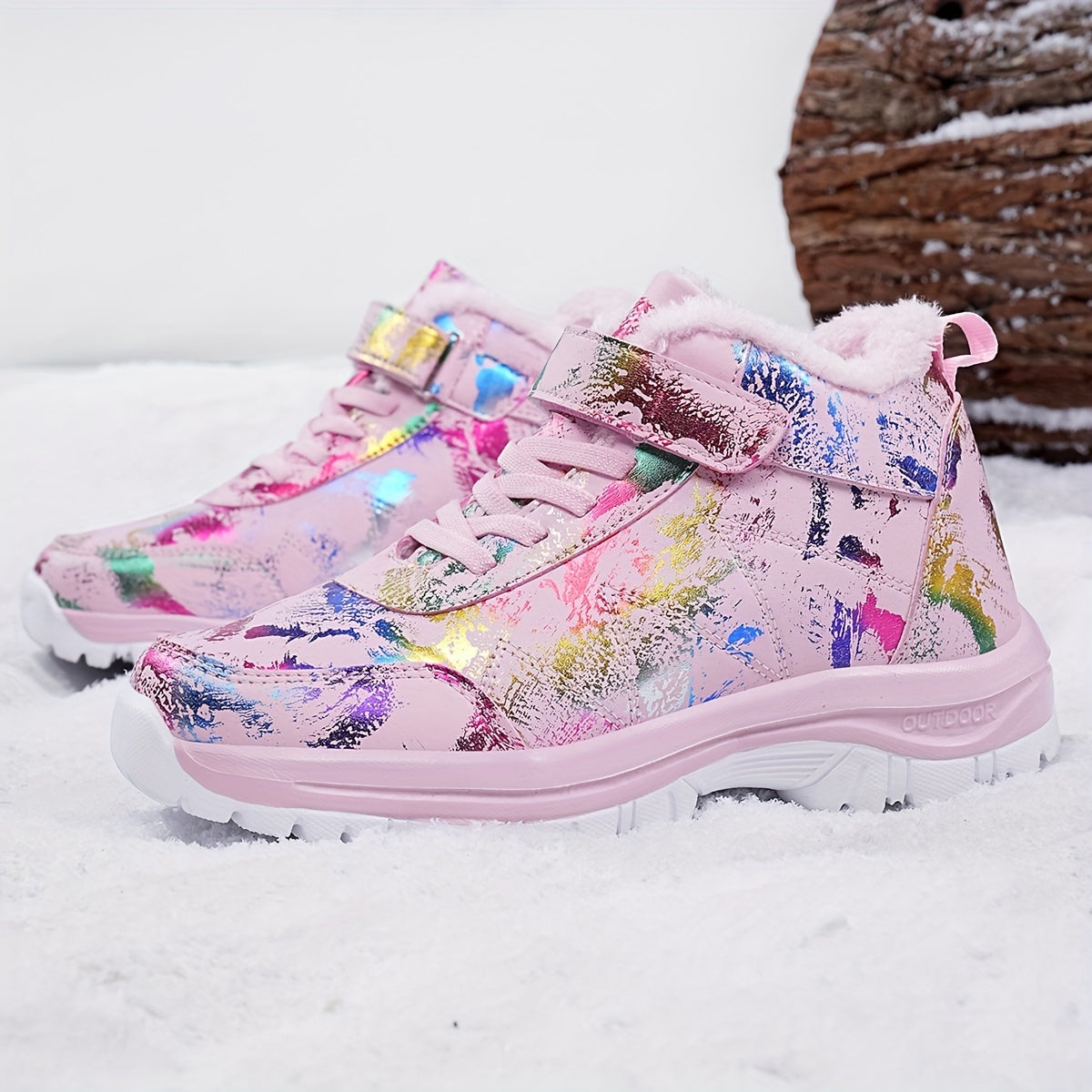 1 Pair Women'S Winter Warm Snow Boots, Fleece-Lined High-Top Outdoor Shoes, Round Toe, Patterned Print, EVA & MD Sole, Fabric Insole - Fashionable Ladies' Footwear