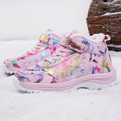 1 Pair Women'S Winter Warm Snow Boots, Fleece-Lined High-Top Outdoor Shoes, Round Toe, Patterned Print, EVA & MD Sole, Fabric Insole - Fashionable Ladies' Footwear