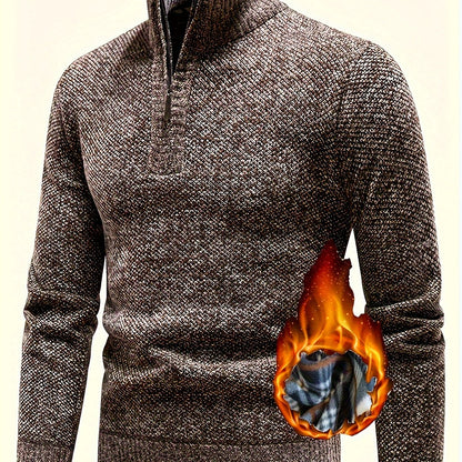 Men's Fleece-Lined Warm Knit Sweater - Autumn/Winter, Solid Color with Stand Collar & Short Zipper Placket, Long Sleeve, Polyester - Ideal for Hiking, Cycling & Casual Attire, Winter Sweater