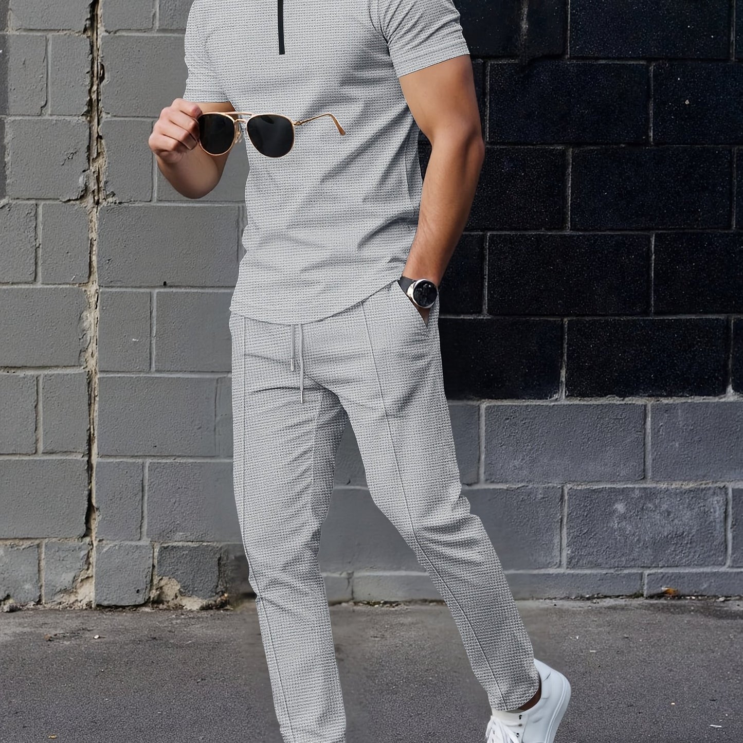 Men's Waffle Knit Zipper Shirt, Rib Collar Short Sleeve T-Shirt, Casual Breathable Summer Top - ayq