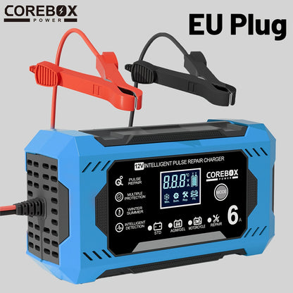 COREBOX EU Plug 12V 6A Smart Battery Trickle Charger 12V Battery Maintainer Battery Charger with LCD Display for Car Truck Motorcycle Lawn Mower Marine Lead Acid Charge, Without Battery