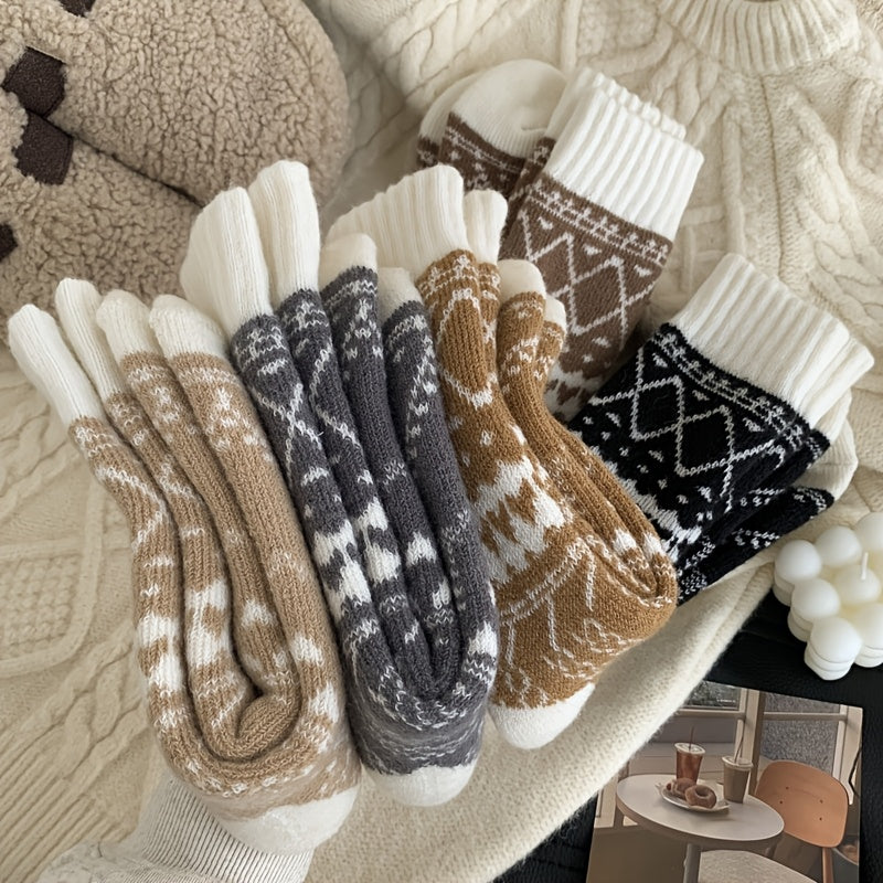 5 Pairs Women's Warm Winter Socks with Ethnic Diamond Pattern