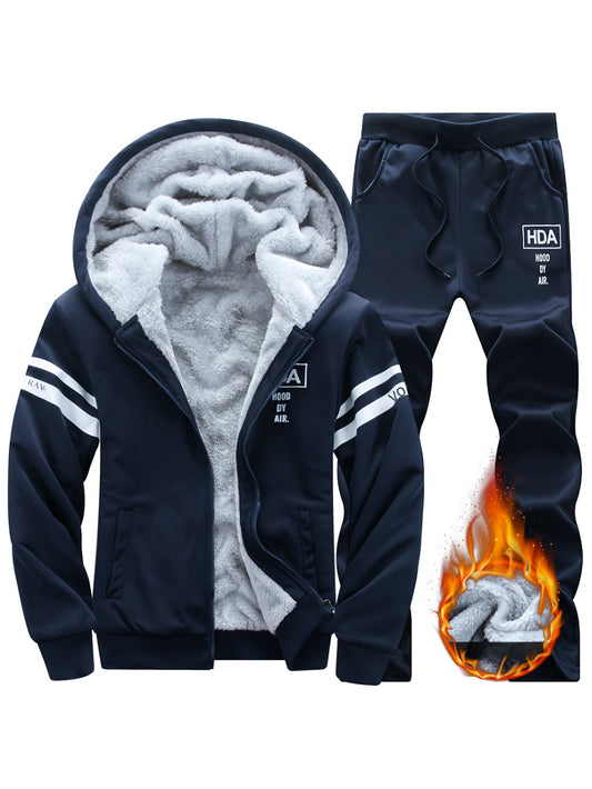 Autumn and Winter Men's Sports and Casual Suit, Men's Plus Velvet Thickened Sports Suit, Hooded Open Cardigan Fitness Suit, Warm Home Suit, Two-piece Set
