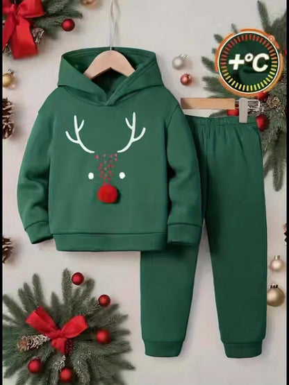Creative Christmas Reindeer Pattern Design, Boy's 2pcs Co Ord Set, Comfy Long Sleeve Hoodie & Casual Versatile Sweatpants, Warm Fleece Outfit, Ideal For Autumn And Winter Outdoor Wear