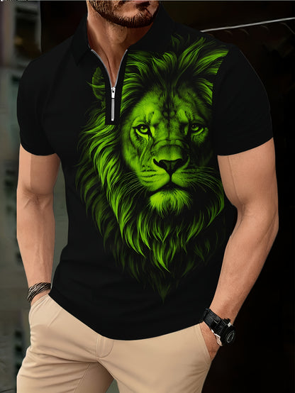 Men's Zip Shirt Short Sleeve Summer Trendy Lion Print Collar T-Shirt Business Casual Slim Fit Men's Top Women's Clothing - ayq