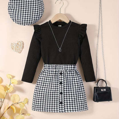 Youngsters Girls Ruffle Tee &amp; Houndstooth պրինտ կիսաշրջազգեստ և գլխարկ