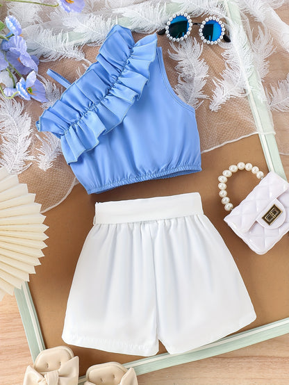 2pcs Set for Little Girls: Fashionable Shoulder Bag with Lace Trim + Shorts