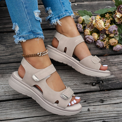 Non Slip Women's Platform Open Toe Sandals, Solid Color Ankle Buckle Strap Casual Outdoor Shoes