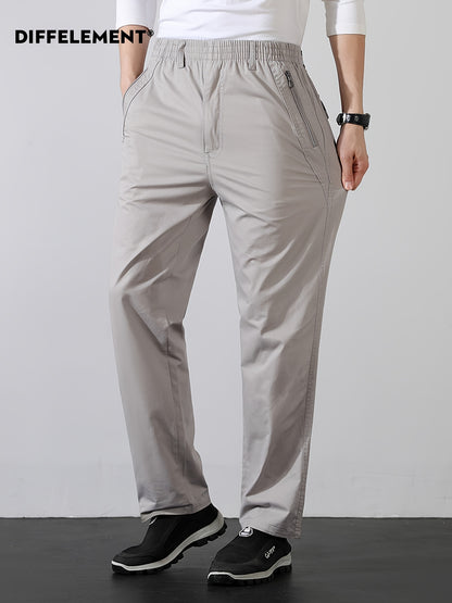 Men's Cotton Casual Trousers with Elastic Waist and Zipper Pockets