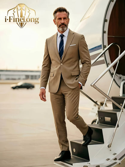 Men's Polyester Suit Set with Jacket & Trousers for Business Casual