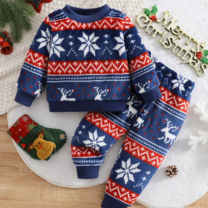 2pcs Girls' Cute Deer Print Fashionable Thick Flannel Set for Autumn/Winter, Soft and Comfortable Warm Outfit, Versatile Casual Attire with Outdoor Activities, Winter Clothing, Autumn Fashion, Stylish Kids' Wear, Playful Desi