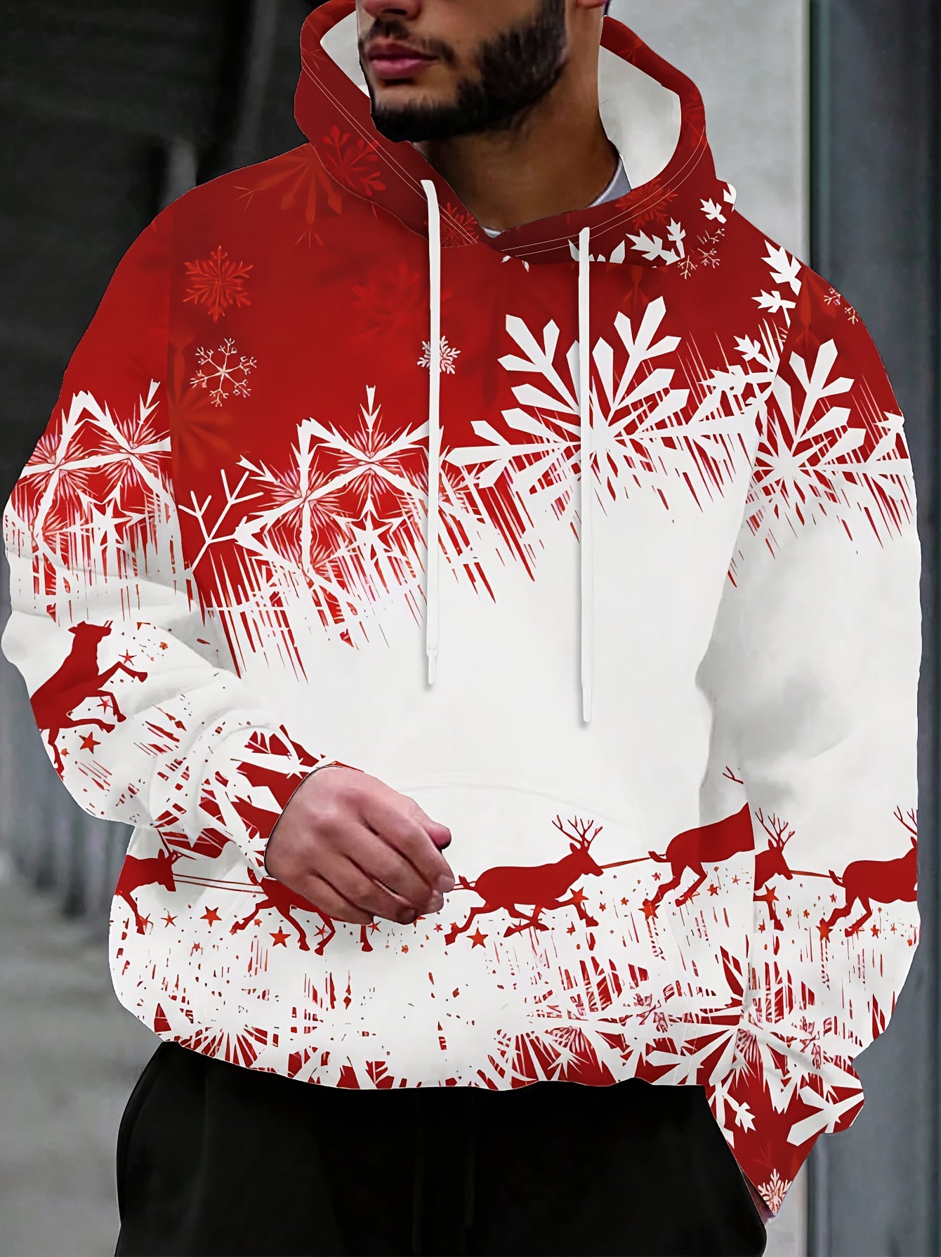 Men's Winter Red & Black Snowflake Print Hooded Sweatshirt - 100% Polyester Casual Pullover Sweater with White Piping, Relaxed Fit for Christmas & New Year's Eve Parties, Machine Washable Spring/Fall Layering Essential (Men's