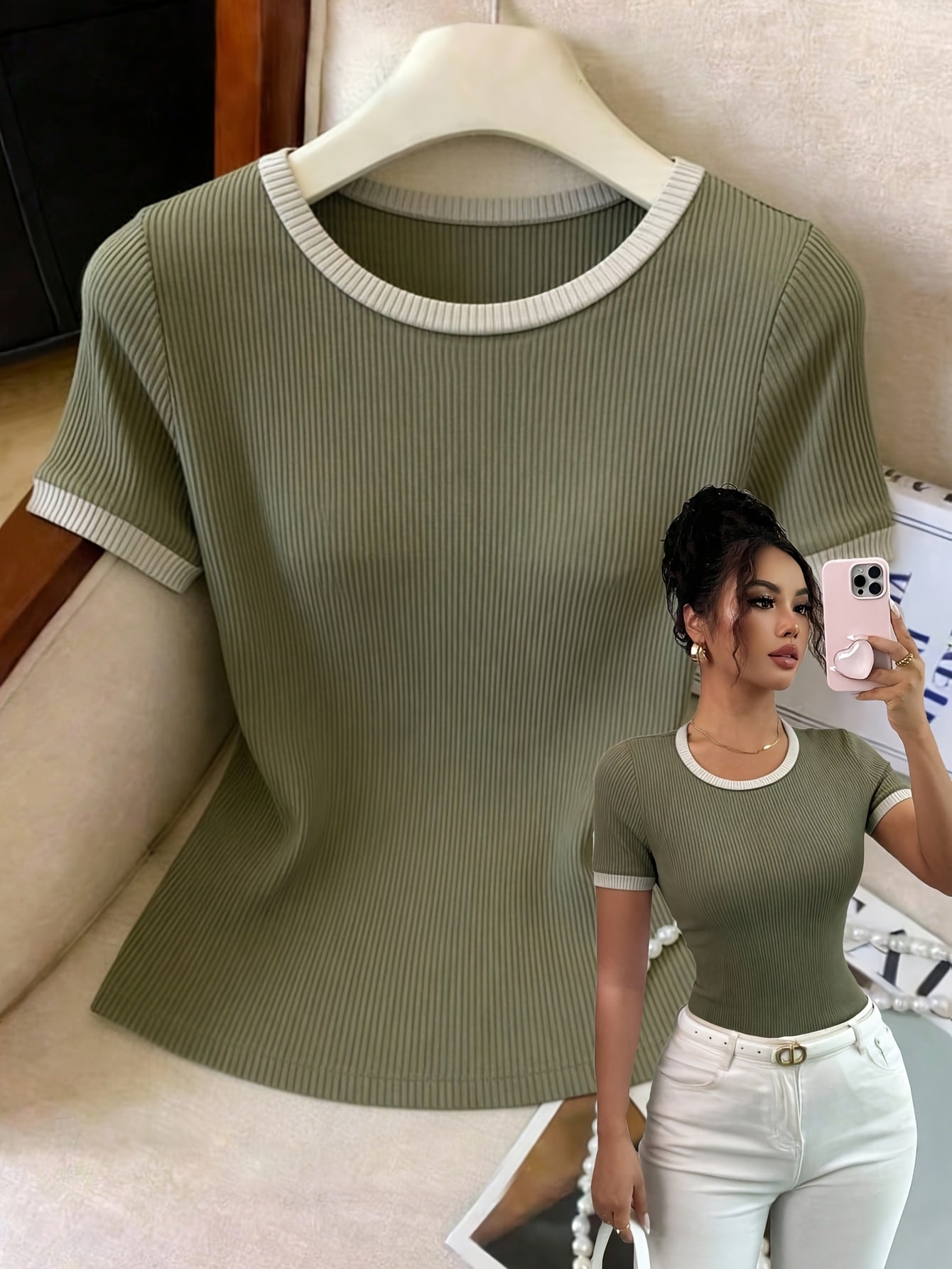 Women's Casual Slim-Fit Short Sleeve T-Shirt with Contrast Collar - ayq
