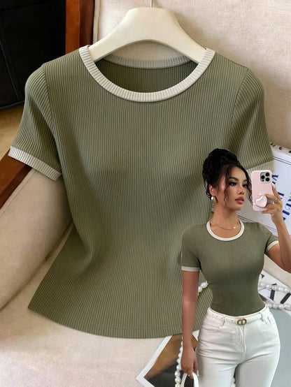 Women's Casual Slim-Fit Short Sleeve T-Shirt with Contrast Collar - ayq