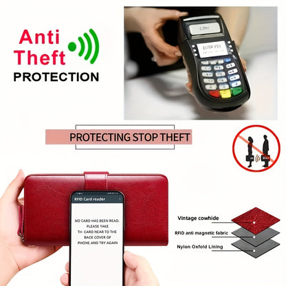 Two-Layer Cowhide Leather Clutch Wallet for Men & Women, Casual Large Capacity RFID Blocking Zippered Hand Purse with Transparent ID Slot and Anti-Theft Brush, Versatile for Going Out