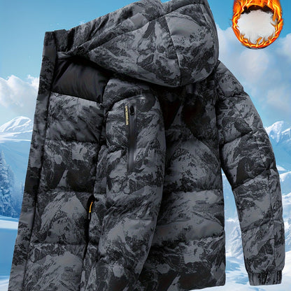 Men's Heavy-Duty Winter Thermal Hooded Jacket - Full-Zip Windproof Coat with Detachable Hood, Full-Zip Front Closure, Zipper Pockets - Machine Washable Cold Weather Jacket for Skiing, Snowboarding, Outdoor Activities - Camouf