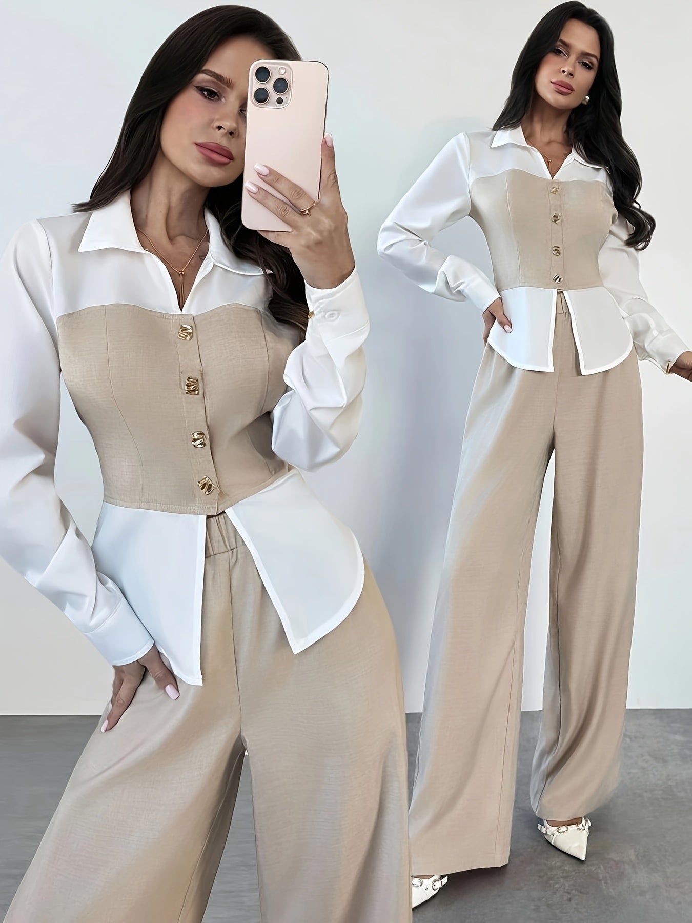 Elegant Women's White Two-Piece Autumn Suit with Patchwork Shirt