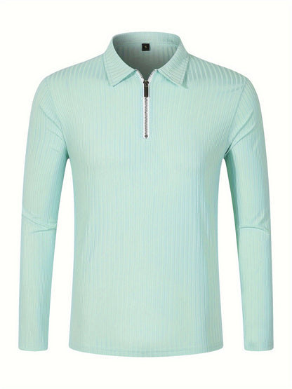 Men's Casual Sports Ribbed Long Sleeve Zipper Lapel Golf Shirt, Spring And Fall