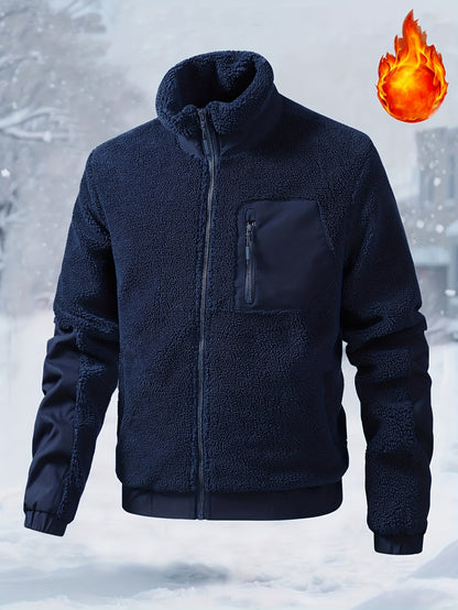 Men'S Heavyweight Fleece Jacket - Thermal Winter Coat with Stand Collar, Zipper Closure, Front Pockets - Brown/ - Cold Weather Outerwear for Everyday & Formal, Winter Jacket, Casual Outerwear, Durable Polyester, Seasonal Fash