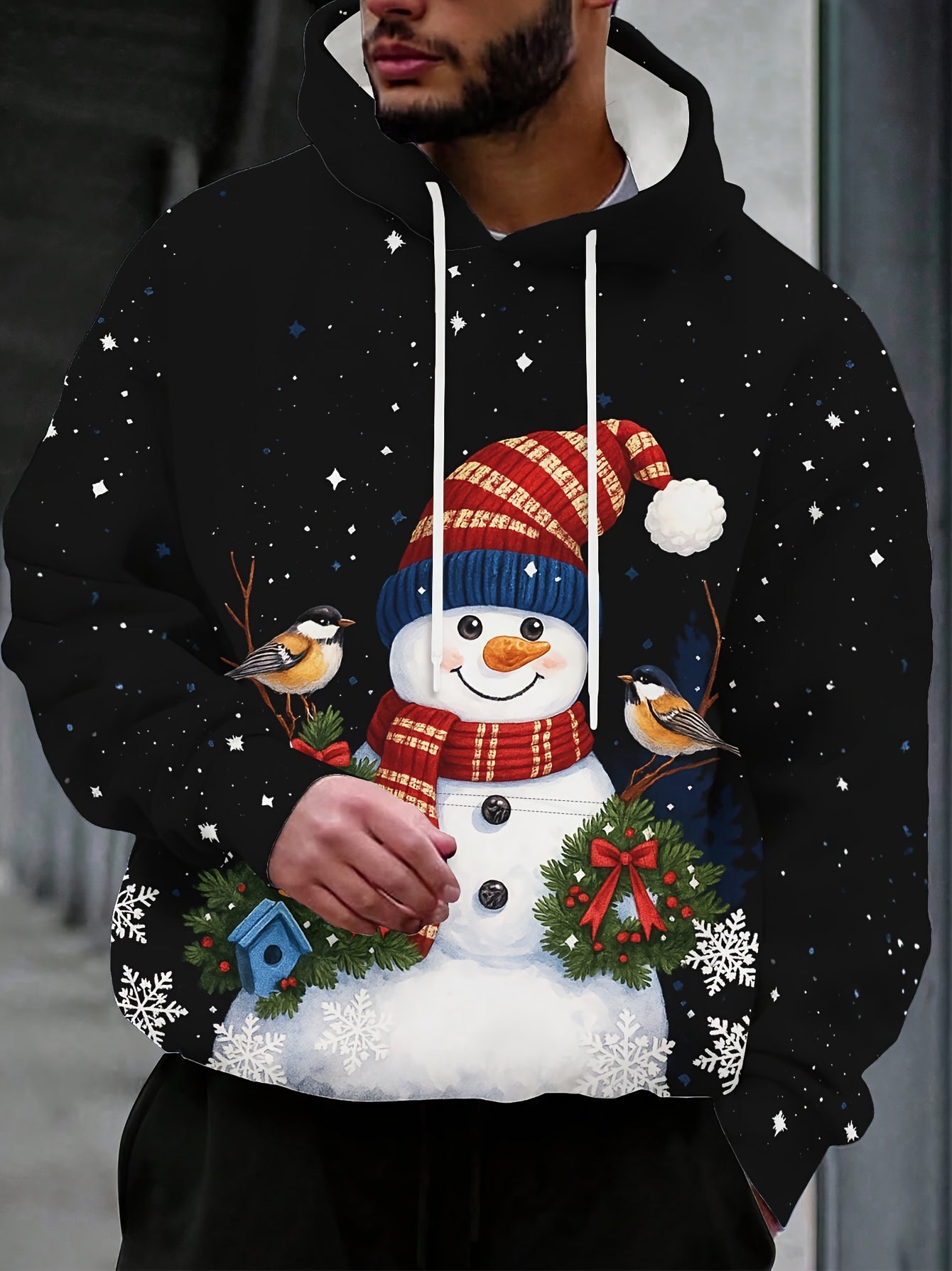 Men's Winter Snowman & Snowflake Print 3D Hooded Sweatshirt - Thick Warm Pullover Sweater for Christmas, New Year's, Valentine's Day - Machine Washable Casual Winter Sweater for Men with Festive Snowman & Snowflake Design, Ge
