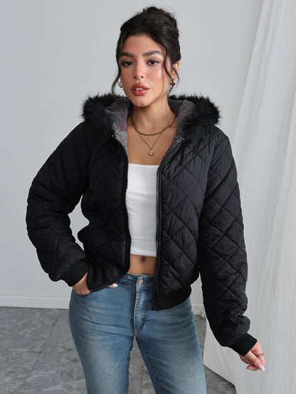 Կանացի հարմարավետ բրդյա աստառով գլխարկով բաճկոն - ամենօրյա երկար թևքերով, միագույն, սովորական չափսի, երկար թևքերով, կայծակաճարմանդով, ամենօրյա ոճով, ամենօրյա վերնազգեստ, ձմեռային բաճկոն