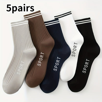 5/10 Pairs Men's Athletic Crew Socks, Striped Polyester Knit Fabric with 5% Spandex, Moisture-Wicking Casual Sports Tube Socks for Spring and Autumn