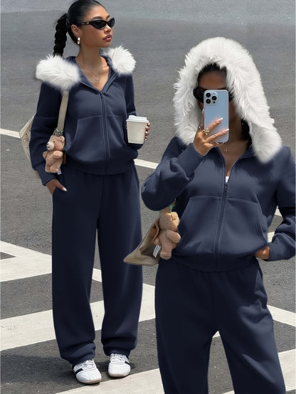 Women's Casual Polyester Hoodie & Wide-Leg Pants Set - ayq