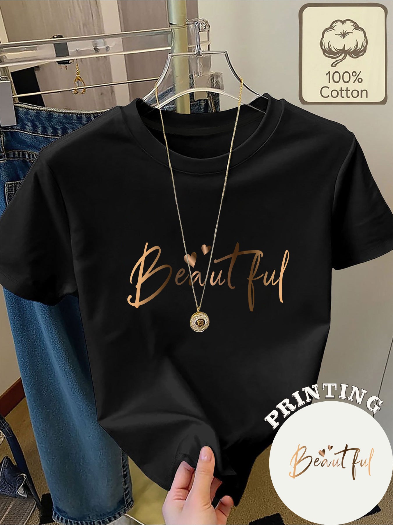 Women's Cotton Summer T-Shirt with 'Beautiful' Print and Hearts