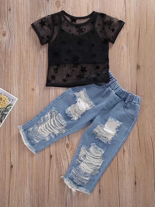 Girls Casual Cami Cropped Top &amp; Mesh Star Print T-shirt և ջինսե ջինսե հավաքածու ամառային բացօթյա համար