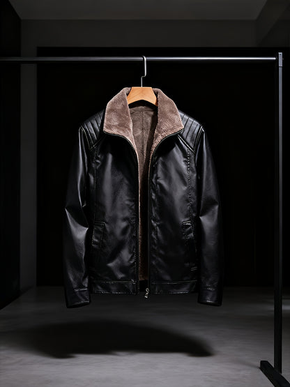Men'S Faux Leather Jacket with Fleece Lining, a Warm Winter Coat Featuring a Stand Collar And Zip Closure, Stylish Casual Menswear, Available in Black/Brown Fashionable Motorcycle Jacket, Windproof And Warm, Perfect for Cold