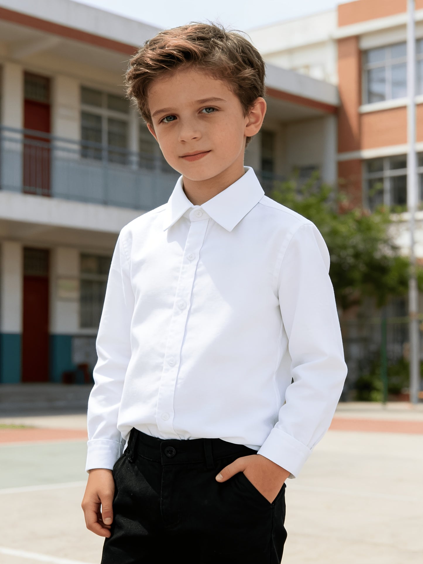 Boys' White Long Sleeve Dress Shirt for School Uniforms