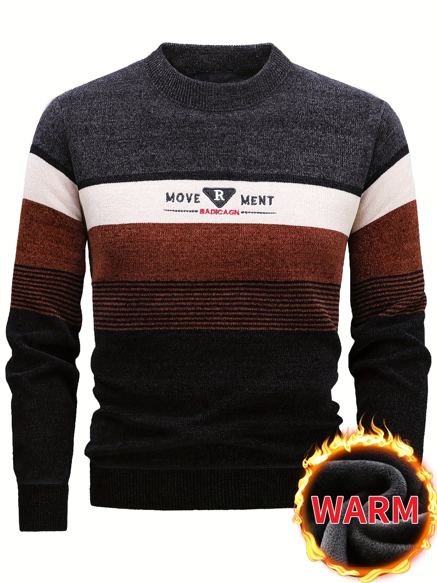 Temujin Men'S Winter Round Neck Sweater with Fleece, Knitted with Embroidered Stripes And Casual Letters for Warmth And a Fitted Style