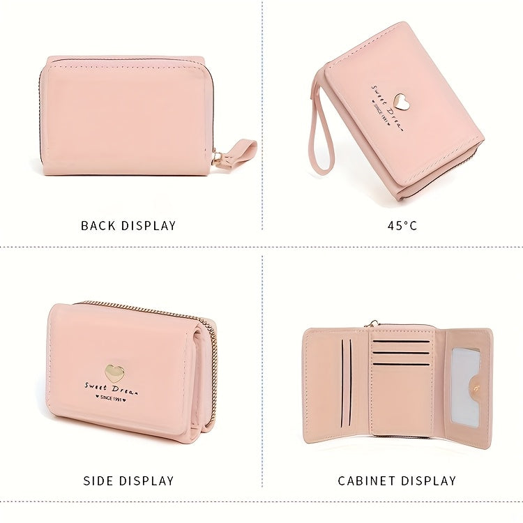 New Women'S Short Wallet, Cute Korean-Style Heart-Shaped, Large Capacity with Multiple Card Slots, Trendy Tri-Fold Design.