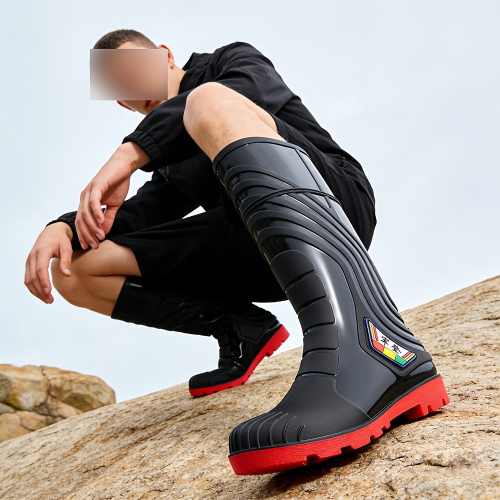 Men's High-Top PVC Rain Boots with Durable Sole for Outdoor Use