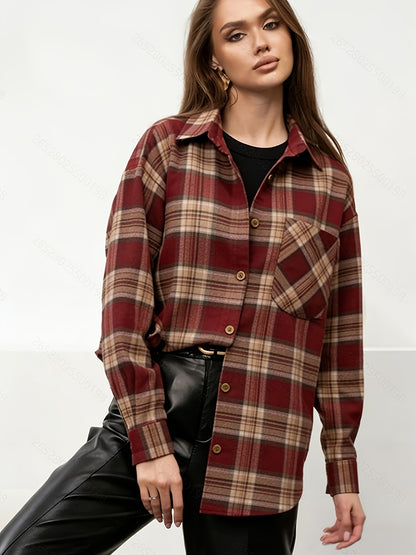 Plaid Long Sleeve Women's Casual Blouse with Lapel Collar