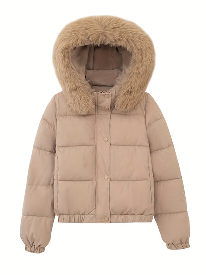 Women'S Winter Coat with Removable Faux Fur Hood - Thickened Loose Fit Long Sleeve Jacket, Zippered Pockets & Button Front, Casual Solid Color Outerwear for Cold Weather, Cozy Warmth, Buttoned Closure, Durable Fabric