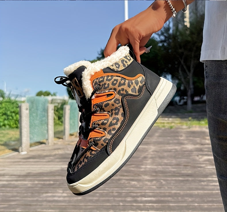 Women'S Stylish Leopard Print Winter Sneakers - Warm Fleece-Lined Casual Shoes with Thick PVC Sole, Black & Orange Design, Perfect for Fall/Winter Outdoor Activities, Winter Sneakers | Leopard Print Shoes | Durable PVC Sole