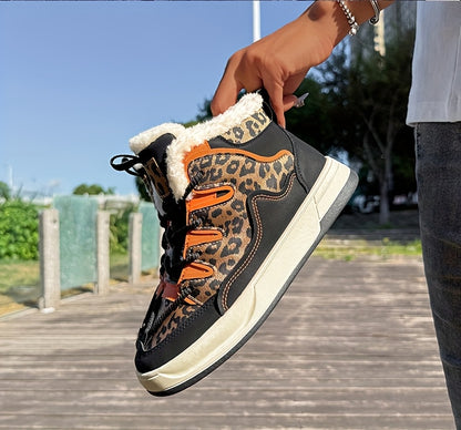 Women'S Stylish Leopard Print Winter Sneakers - Warm Fleece-Lined Casual Shoes with Thick PVC Sole, Black & Orange Design, Perfect for Fall/Winter Outdoor Activities, Winter Sneakers | Leopard Print Shoes | Durable PVC Sole