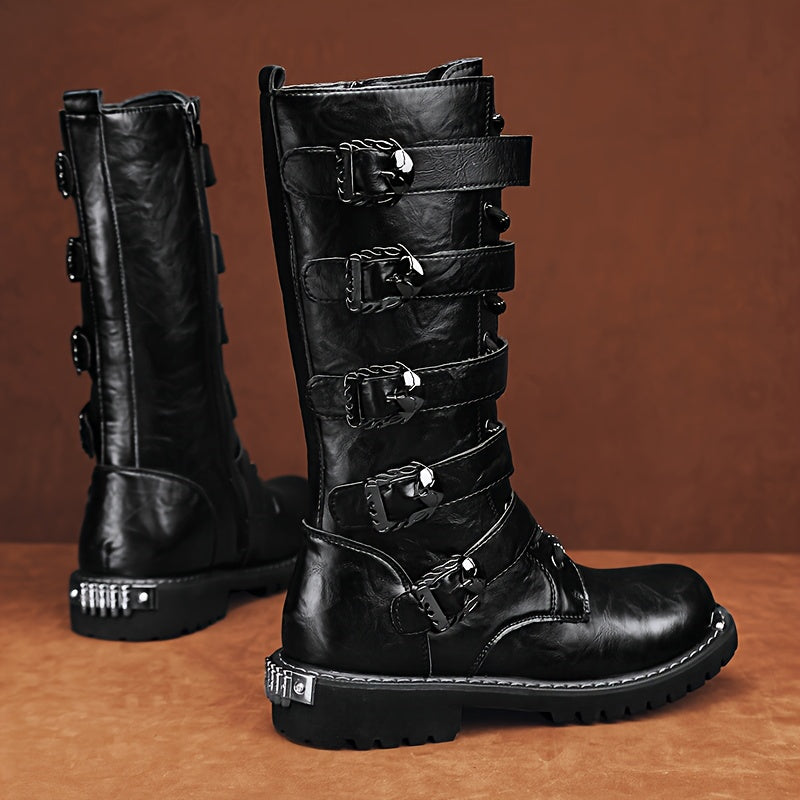 Men's Stylish PU Leather Boots with Zipper and Buckle