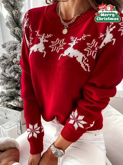 Women's Elegant Red Christmas Sweater with White Snowflake & Reindeer Pattern - Soft Stretchy Polyester Long Sleeve Round Neck Pullover, Cozy Winter Sweater for Holiday Parties & Everyday Winter Wear, Festive Sweater for New