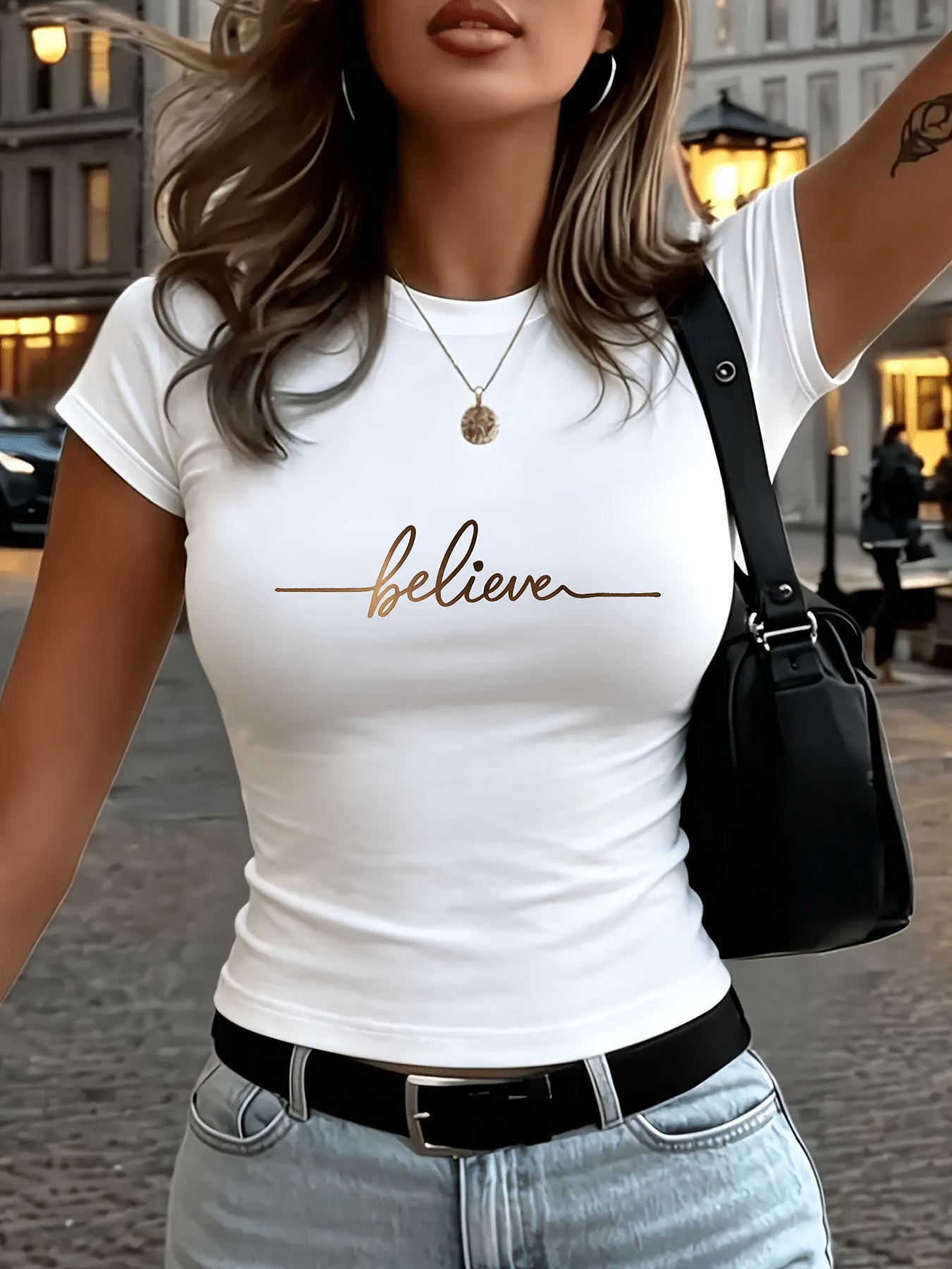 Slim Fit Believe Letter Graphic T-Shirt, Comfortable & Stylish - ayq