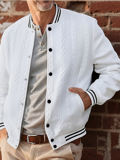 Men's Lightweight Bomber Jacket - White/Black Contrast & Dark Blue Piping, Machine-Washable Casual Coat with Button Closure, No- Design for Fall/Winter, Versatile Outerwear (Beige/Pink Shades Available) - Stylish & Breathable
