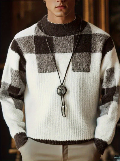 Տղամարդու կլոր վզնոցով սվիտեր, աշնանային և ձմեռային նոր ոճեր, նորաձև և բազմակողմանի, դիմացկուն, հաստ և տաք, երկար թևքերով, վանդակավոր նախշերով, մաշկին հարմար, հարմարավետ, փափուկ, երիտասարդական և նորաձև, նեղ չափսերով, նորաձև, գործնական