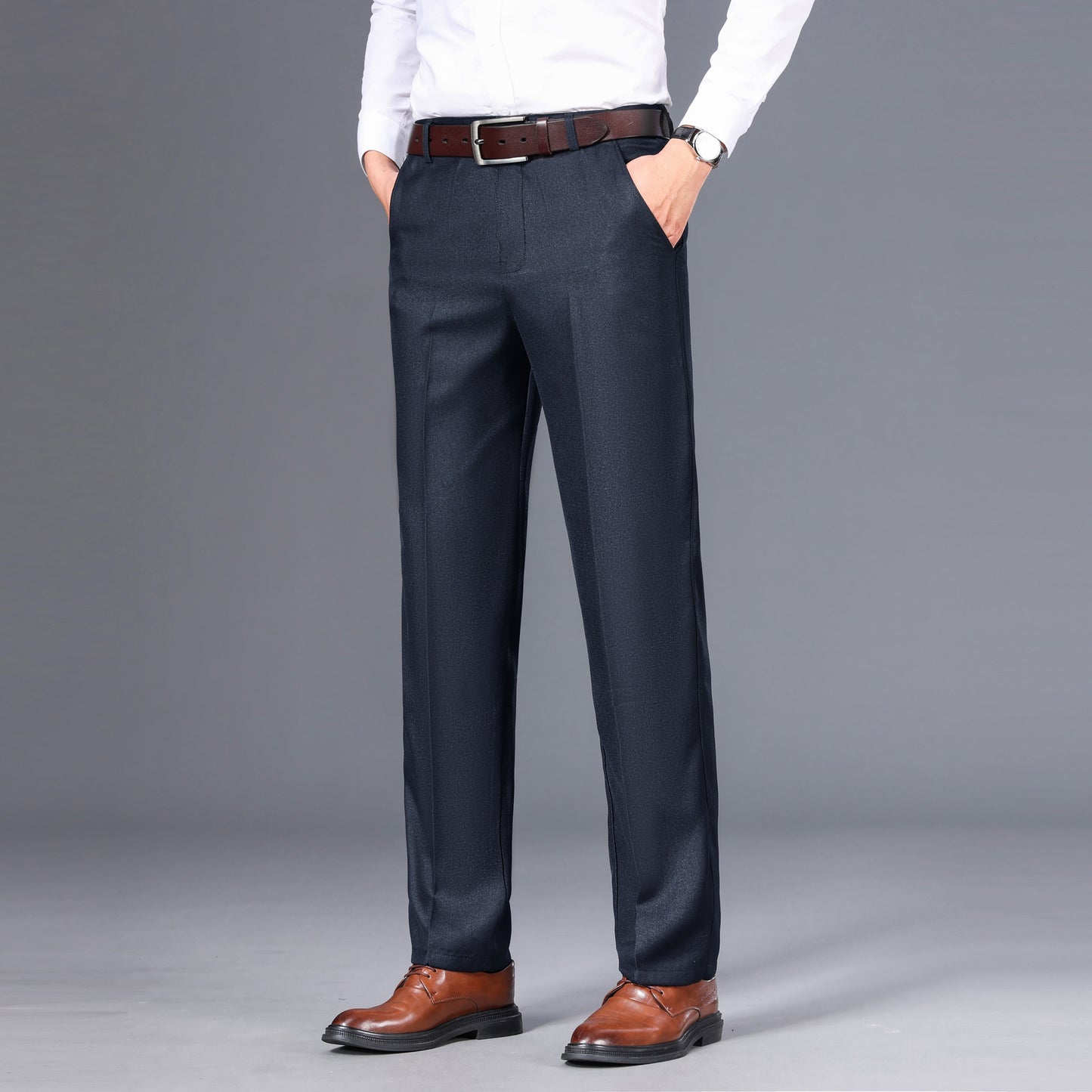 Men's Classic Gray Dress Pants - Medium Thick, Straight Fit with Slant Pockets & Zipper Closure, Polyester, Non-Stretch Fabric for Business Casual & Formal Wear, Ideal for Spring/Autumn