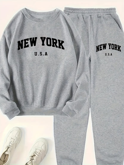 FLS1021WN10 Hoodie with Fleece, European And American Women'S Autumn And Winter Fashion, Printed Casual Sports Two-Piece Set.
