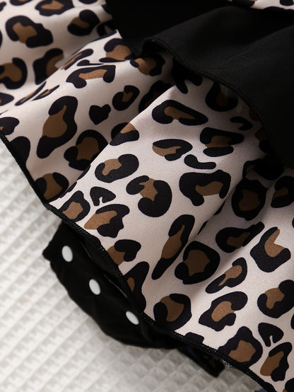 2pcs Set for Newborn Girls, Cute Leopard Print Ruffle Dress with Elastic Waist and Bowknot, Matching Headband, 100% Polyester Woven, Regular Fit, for Outdoor