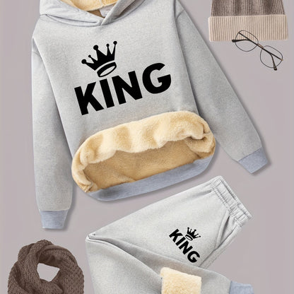 2pcs Boys' Fleece-Lined Thickened Warm Hoodie + Pants Set, Stylish Letter Print Winter Comfortable Sportswear Outfit for Kids Casual Leisurewear, Perfect for, Blanket Hoodie Kids