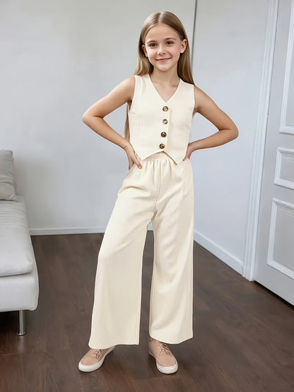 Girls' Summer Casual Tank Top & Wide-Leg Pants Set Ages 7-16