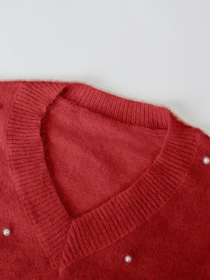 Մեծ չափս - Կանացի հարմարավետ դեղին V-ձև օձիքով սվիտեր՝ մարգարիտ կոճակներով և բրդյա եզրերով թևքերով - Ասիմետրիկ եզր, երկրաչափական նախշ, առօրյա ձմեռային սվիտեր առօրյա հագուստի համար, Ձմեռային հագուստ | V-ձև օձիքով սվիտեր | Մարգարիտ կոճակների մանրամասներ, Sw