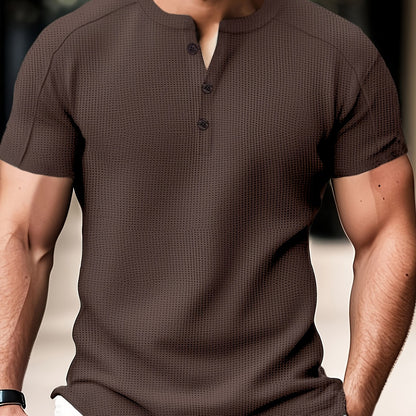 Men'S Long-Sleeve Henry Shirt in Knitted Waffle Style, Featuring Stylish Buttons And a Solid Color, Perfect for High-Quality Casual Outdoor Wear in Spring And Summer.